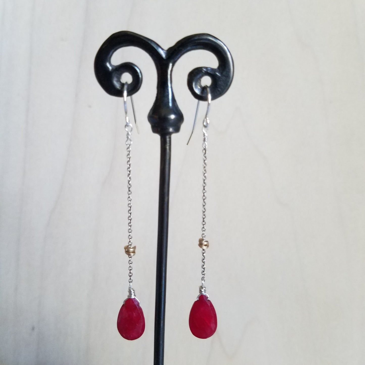 Long ruby earrings in red, handcrafted by Antiqua Jewelry