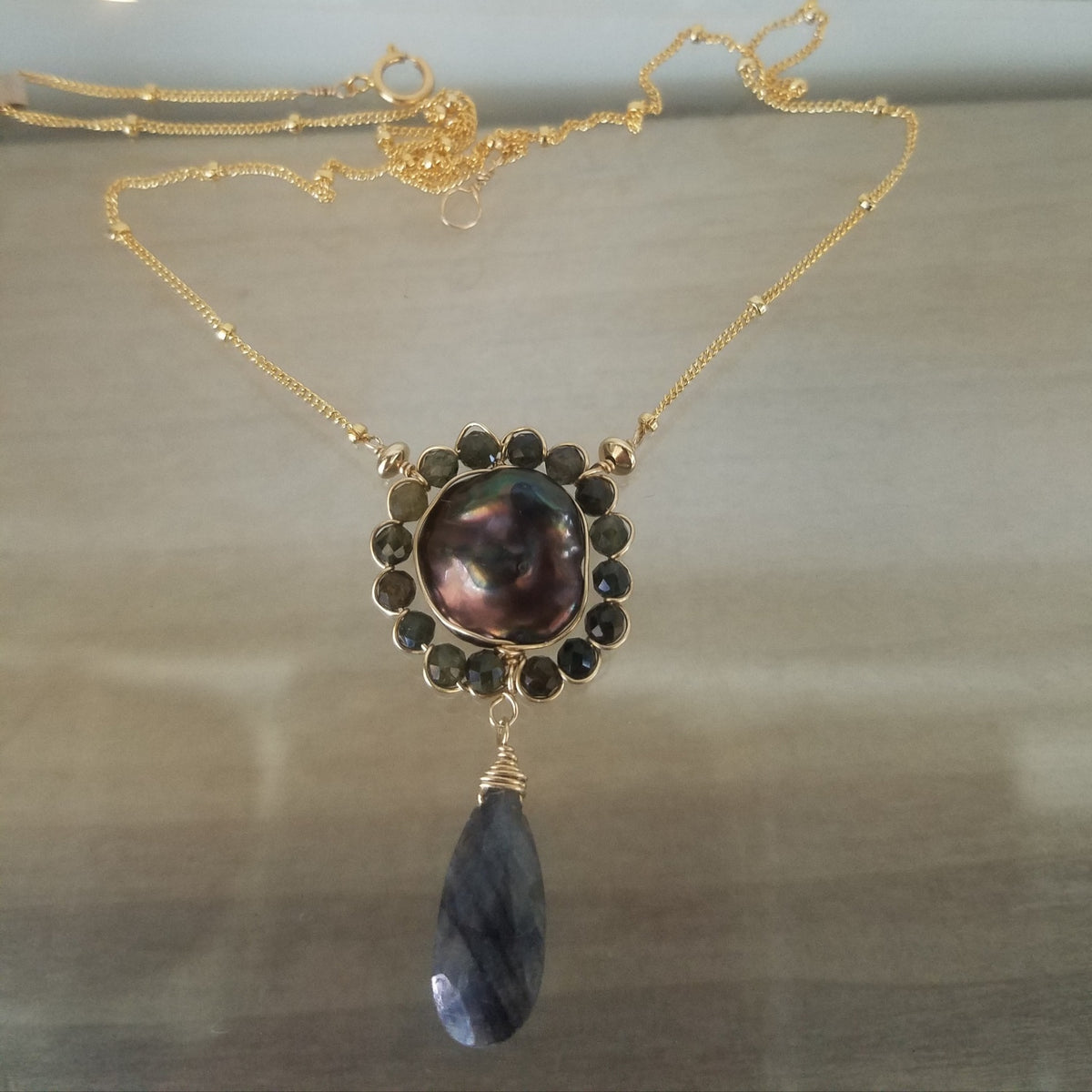 Blue Labradorite, Tourmaline and a Pearl necklace, handcrafted by Antiqua Jewelry