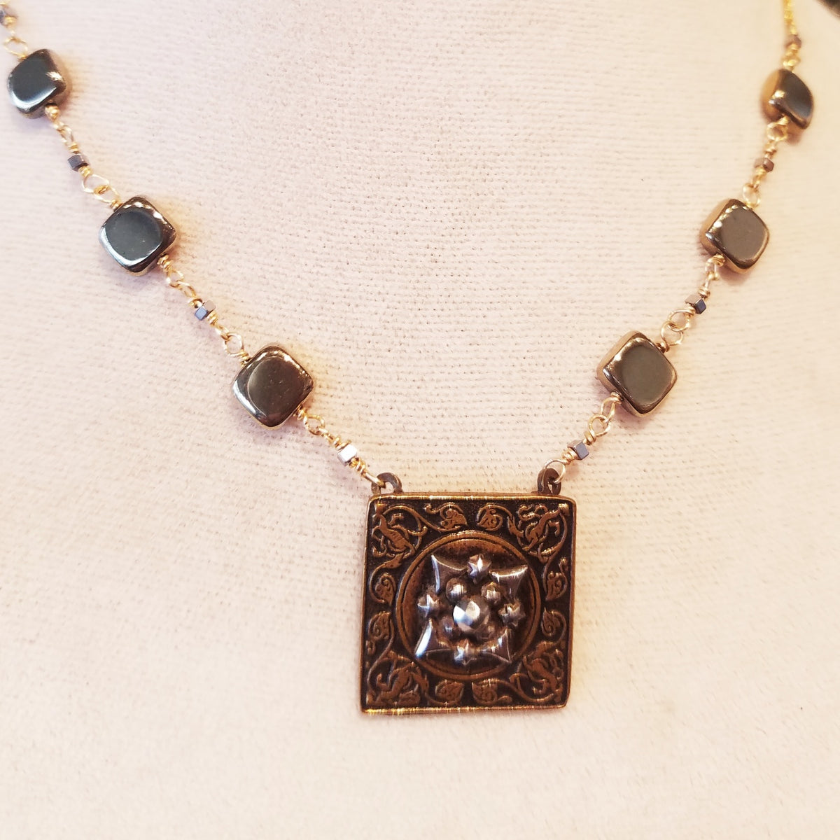 Square victorian button necklace, handcrafted by Antiqua Jewelry