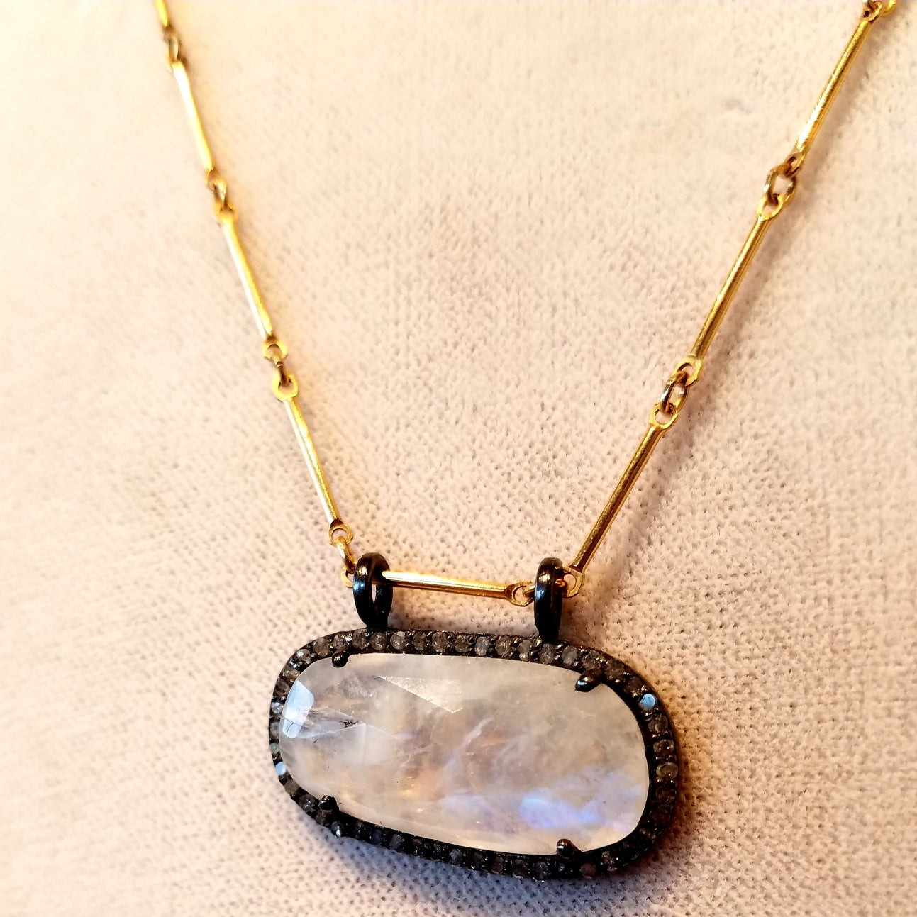 Horizontal Moonstone and Diamond necklace in white, handcrafted by Antiqua Jewelry