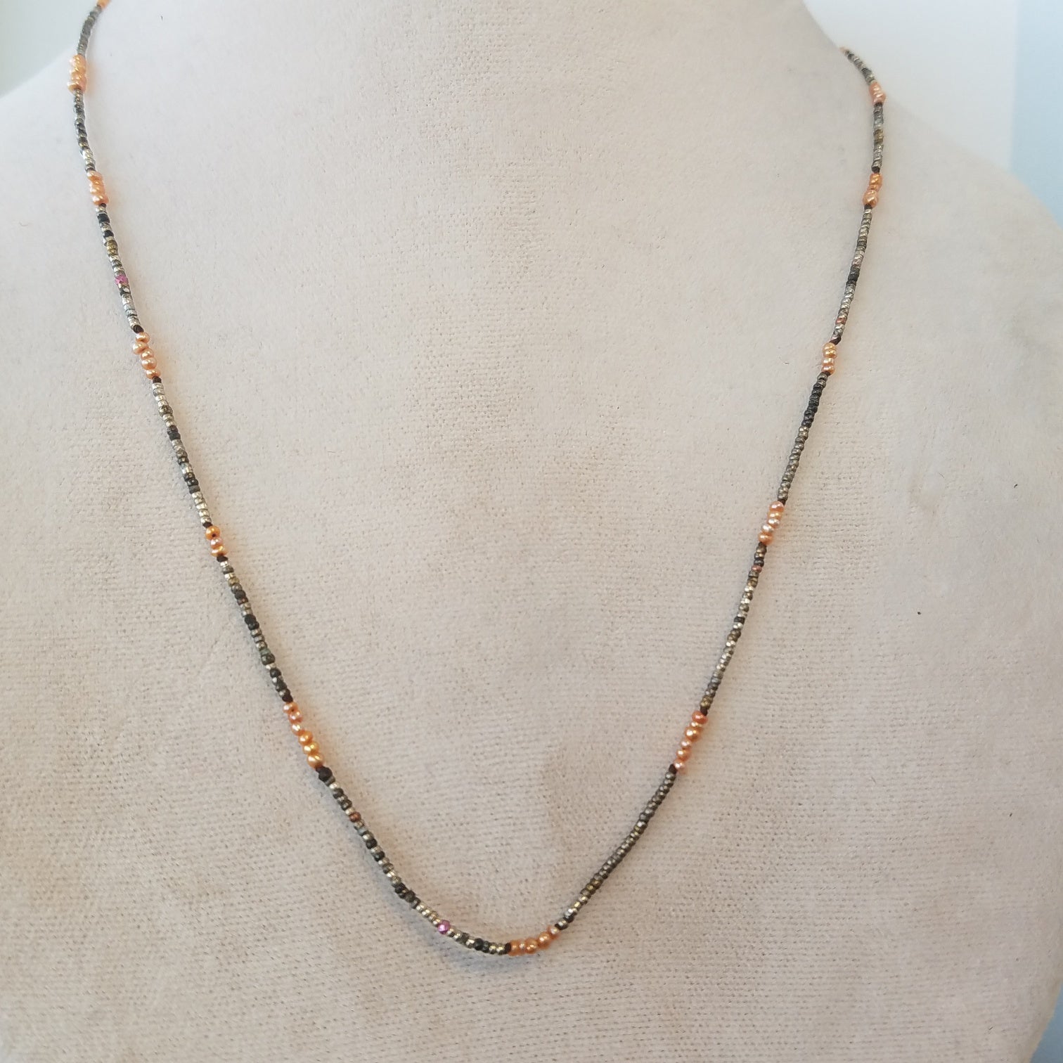 Steel cut beads with seed Pearls necklace in white, handcrafted by Antiqua Jewelry