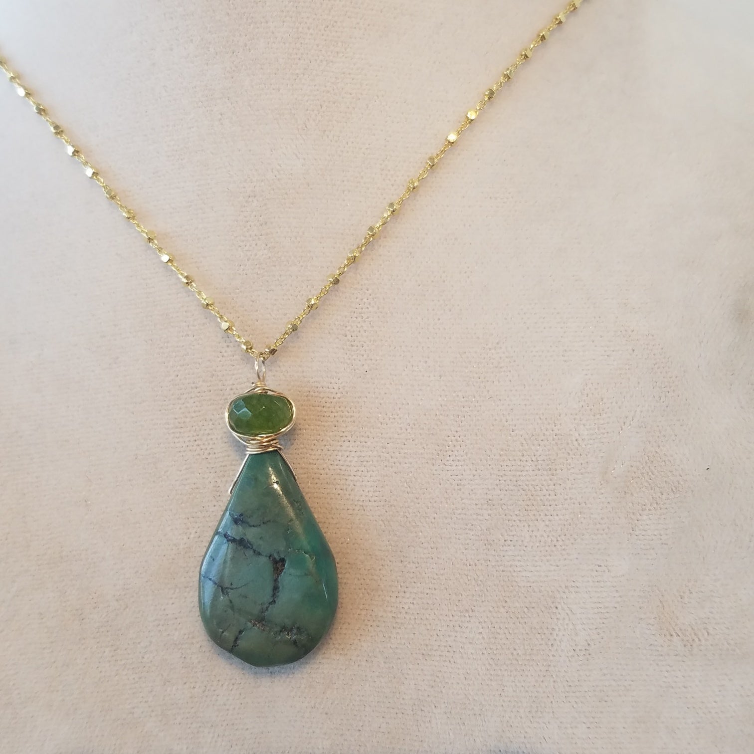 Turquoise and Jade necklace, handcrafted by Antiqua Jewelry