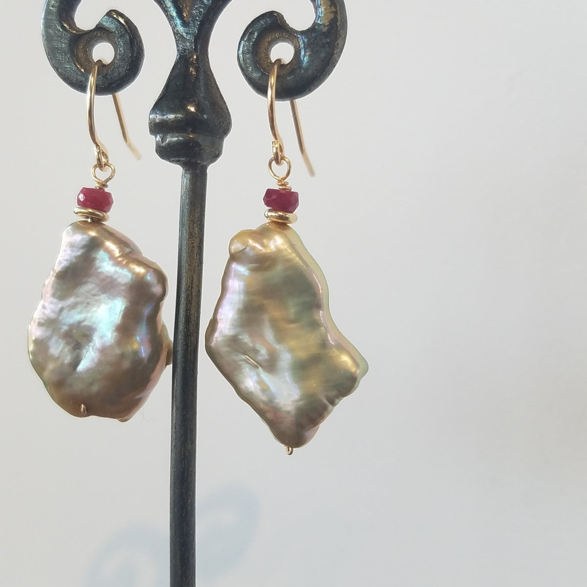 Ruby and Pearl earrings, handcrafted by Antiqua Jewelry