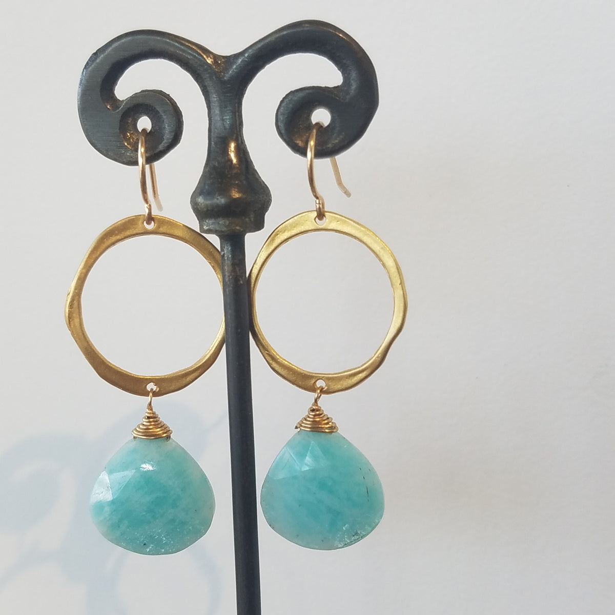Amazonite on a ring earrings in green, handcrafted by Antiqua Jewelry