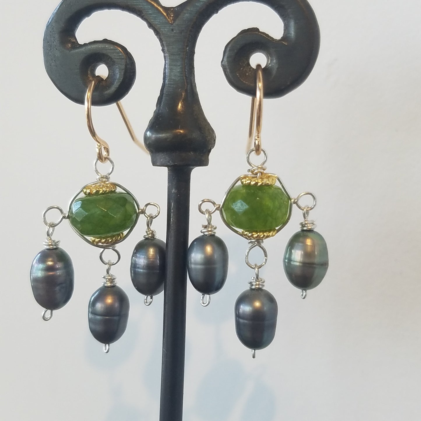 Green Jade and Pearls earrings, handcrafted by Antiqua Jewelry