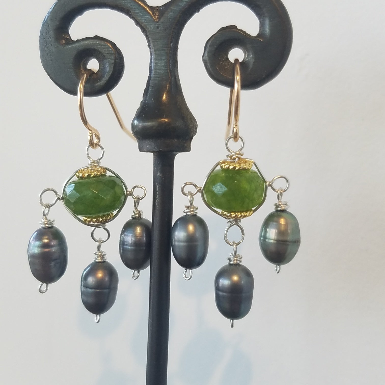 Green Jade and Pearls earrings, handcrafted by Antiqua Jewelry