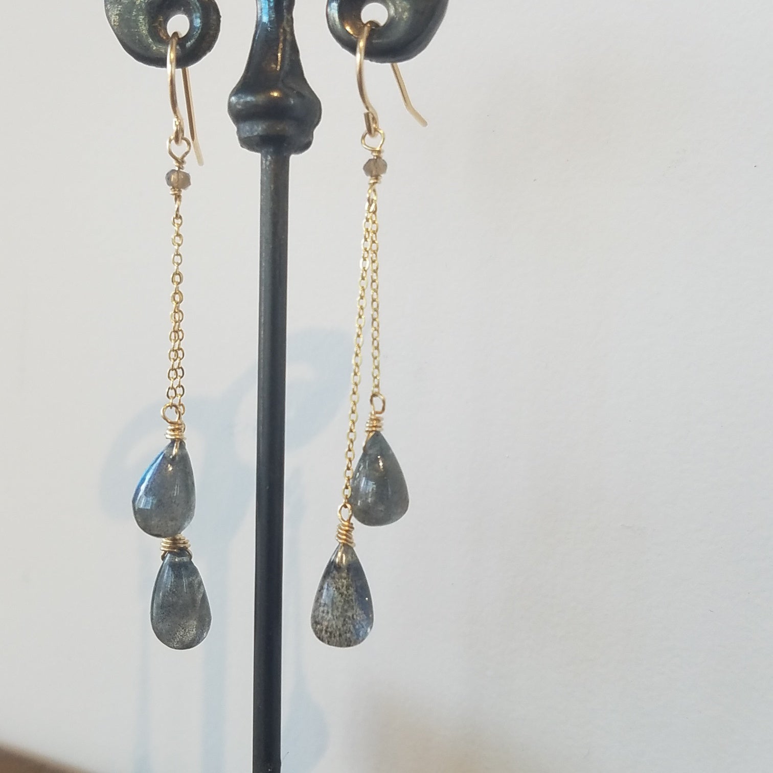 Dancing Labradorite earrings in gray, handcrafted by Antiqua Jewelry