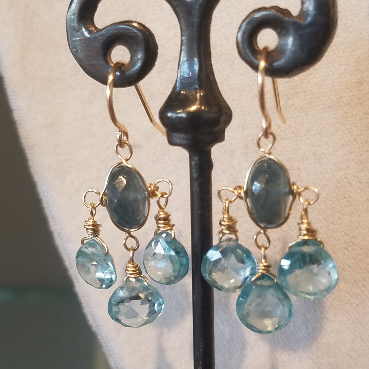 Aquamarine and Blue zircon earrings, handcrafted by Antiqua Jewelry