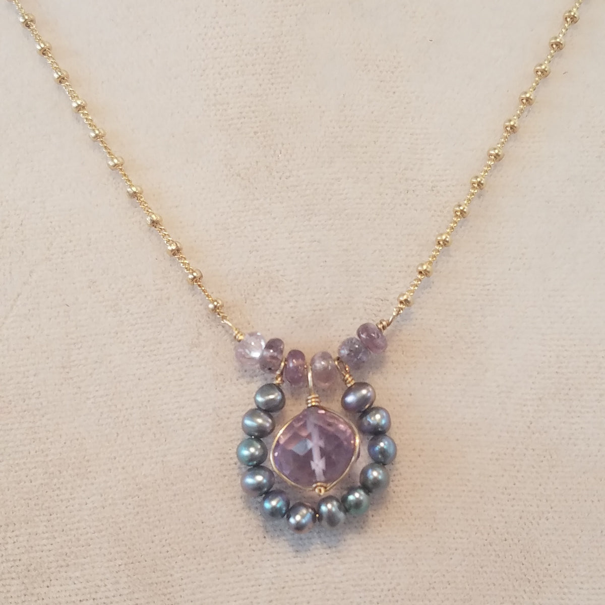 Amethyst and Pearls necklace, handcrafted by Antiqua Jewelry