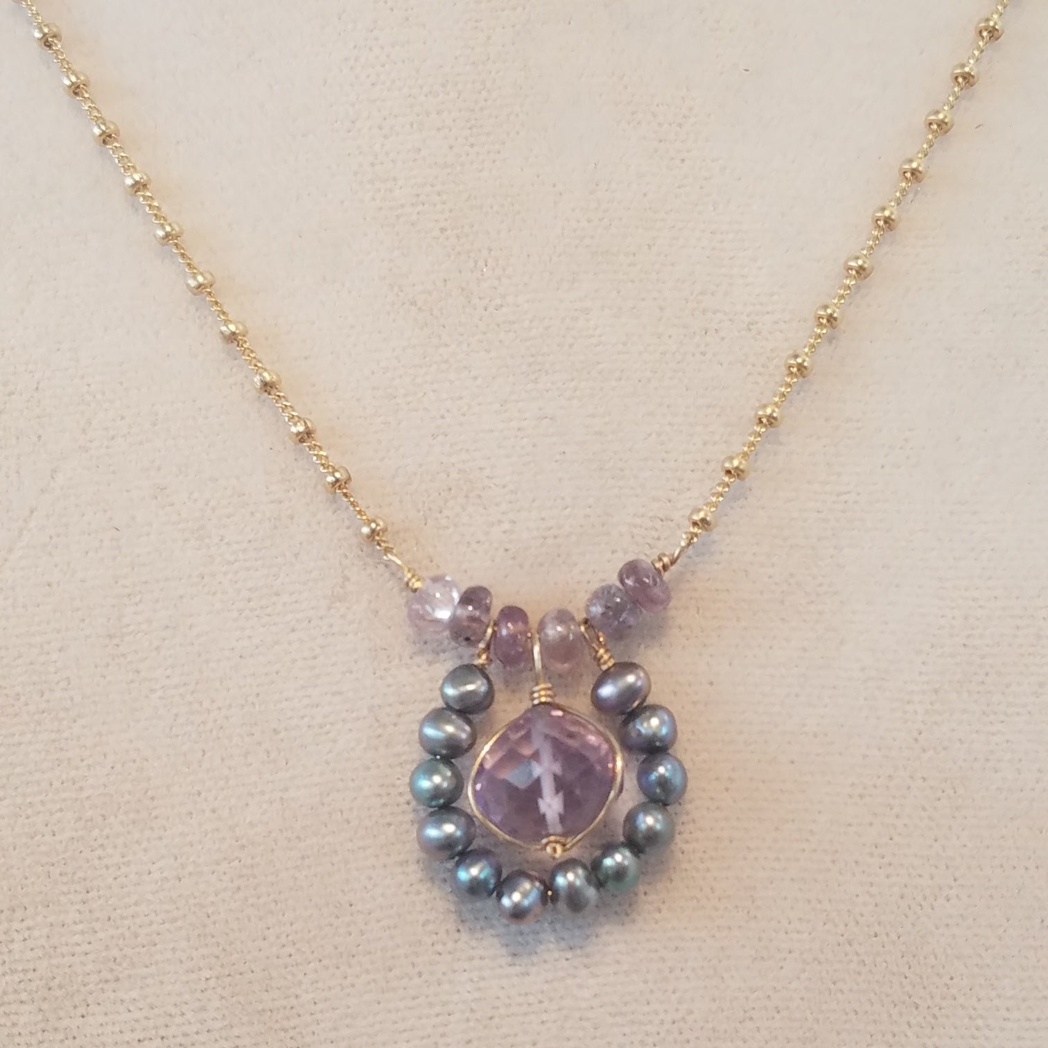 Amethyst and Pearls necklace, handcrafted by Antiqua Jewelry