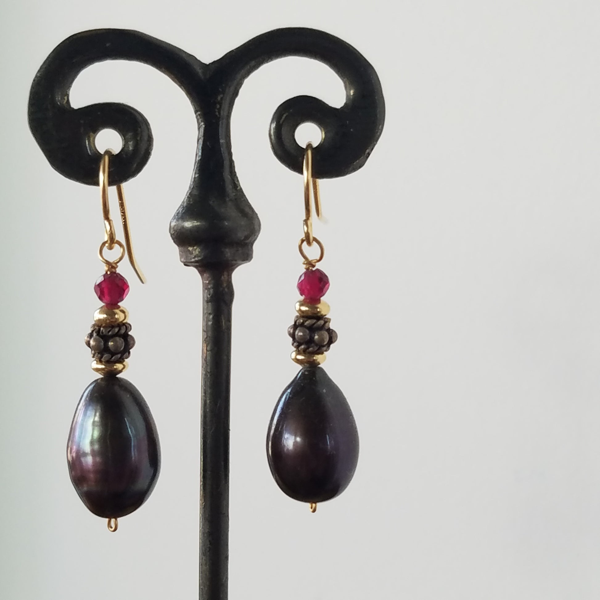 Gold, silver, pearl and Garnet earrings, handcrafted by Antiqua Jewelry
