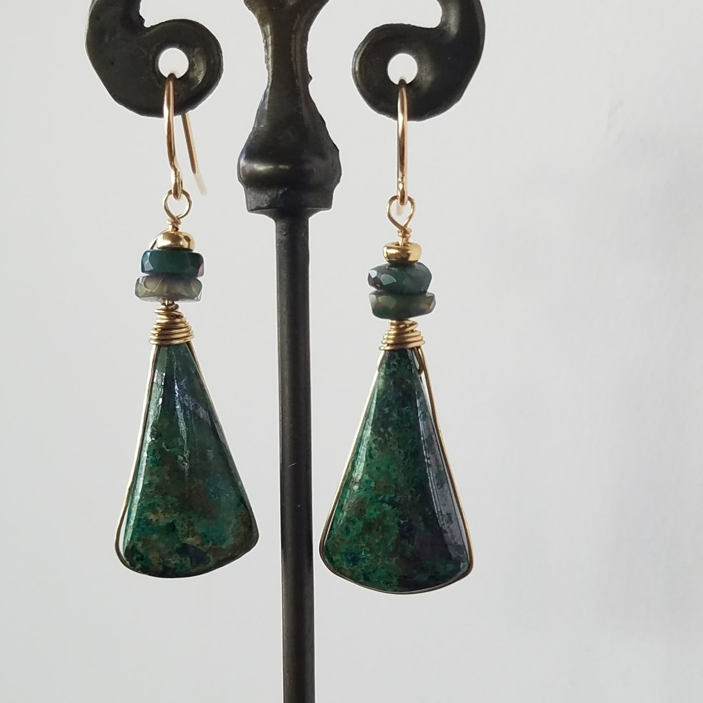 Crysocolla and Opals earrings, handcrafted by Antiqua Jewelry