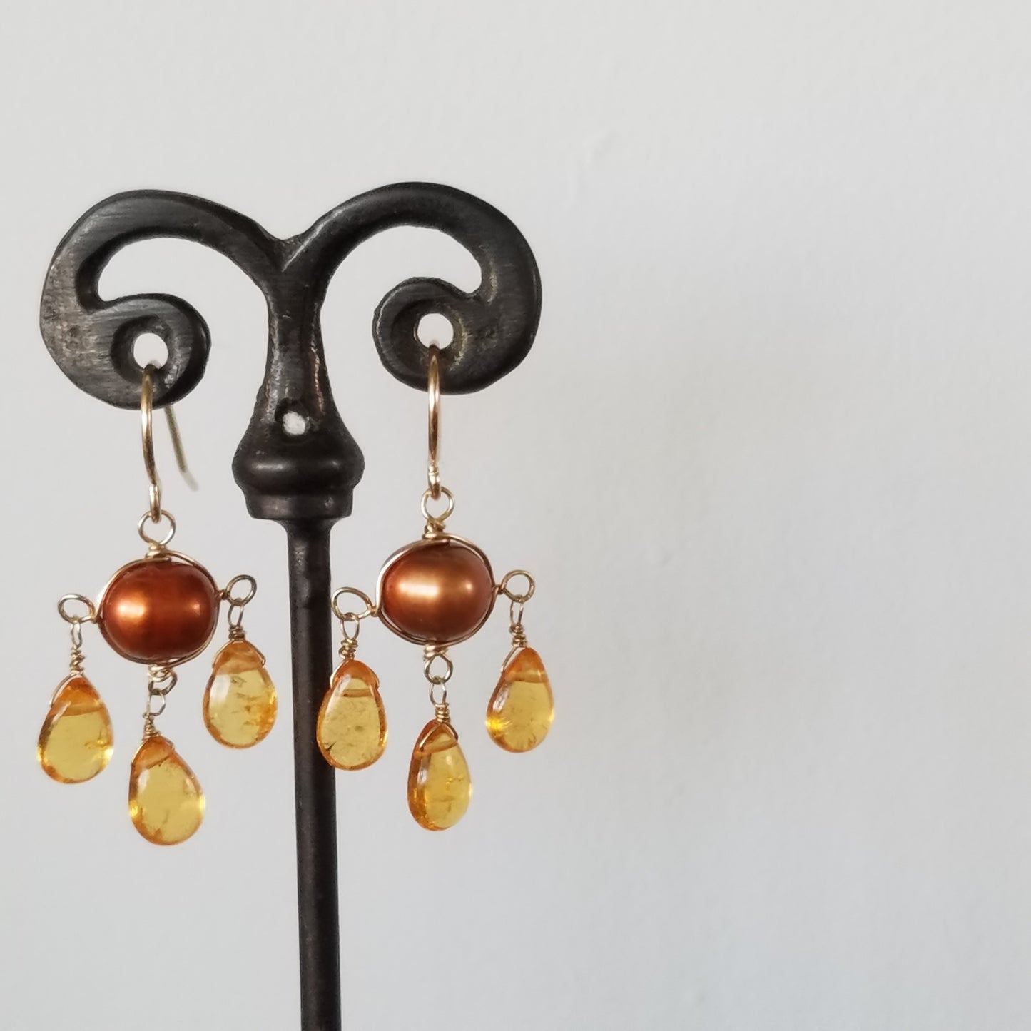 Mandarine garnet and rusty pearl earrings, handcrafted by Antiqua Jewelry