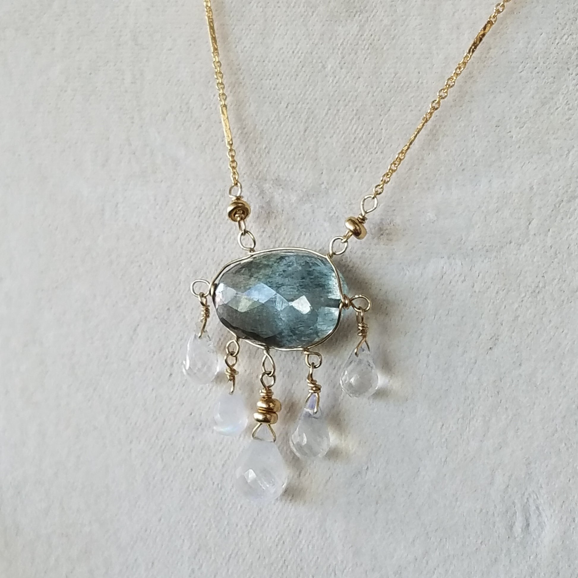 Aquamaine and Moonstone necklace in white, handcrafted by Antiqua Jewelry