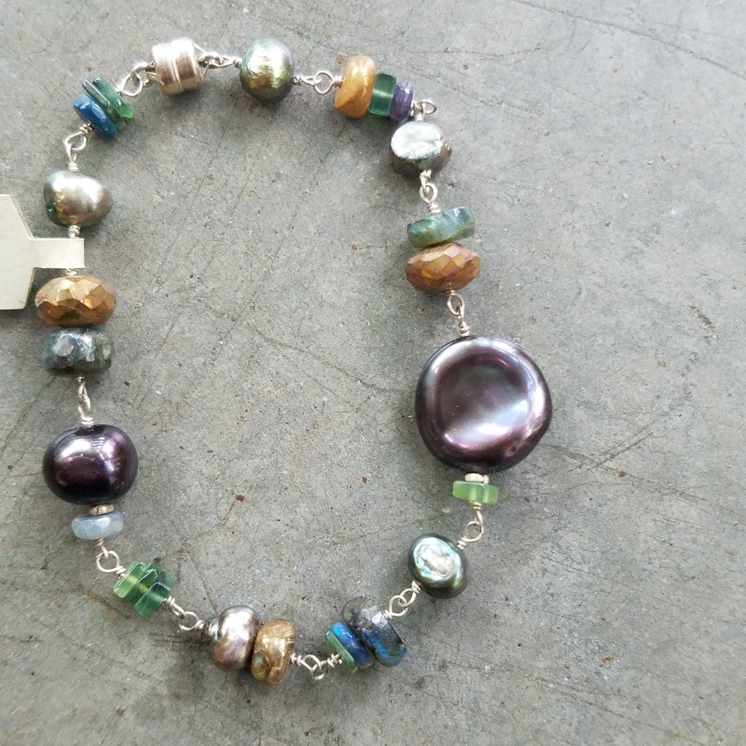 Opal Pyrite and Pearl bracelet, handcrafted by Antiqua Jewelry