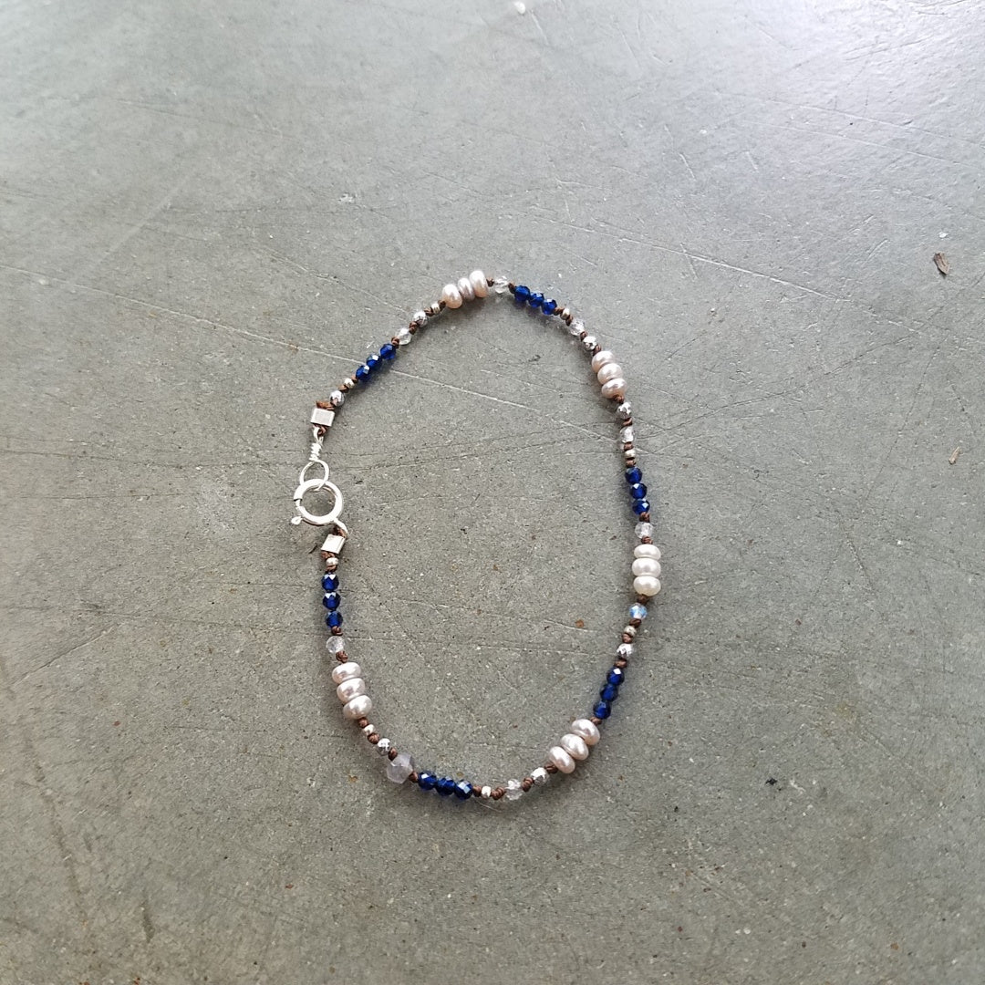 Pearls and Blues bracelet in white, handcrafted by Antiqua Jewelry